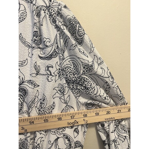 Talbots Women SMOCKED FIT & FLARE DRESS STENCIL FLORAL White And Blue $150 - Picture 10 of 13